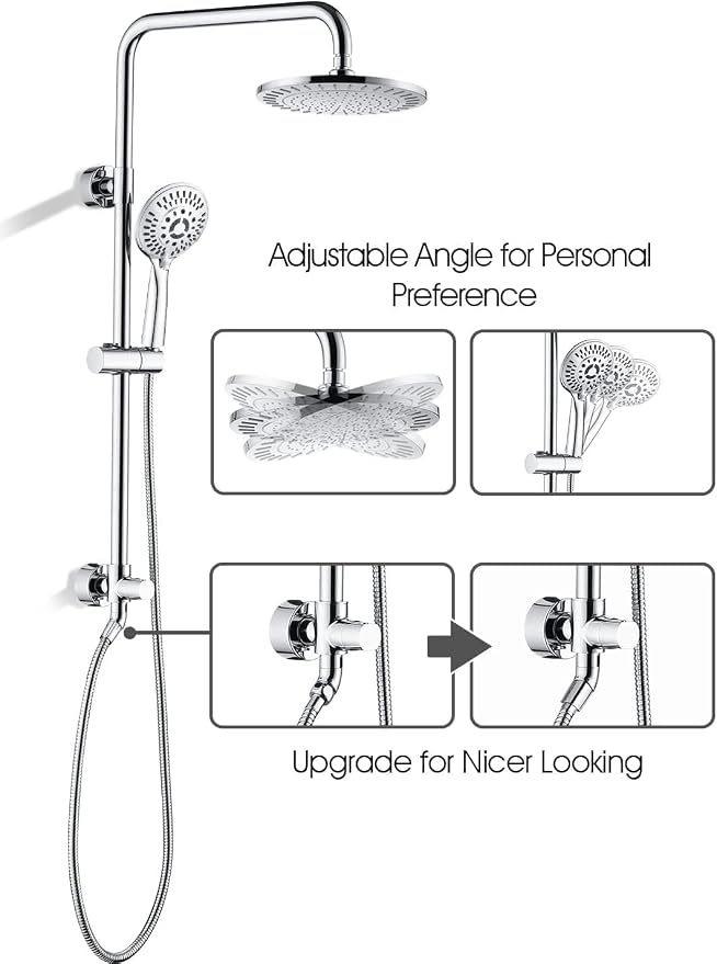 BRIGHT SHOWERS Rain Shower Heads System Including 9 Inch Rainfall Shower Head and Handheld Shower Head with Height Adjustable Holder, Solid Brass Rail and 60" Long Stainless Steel Shower Hose, Chrome