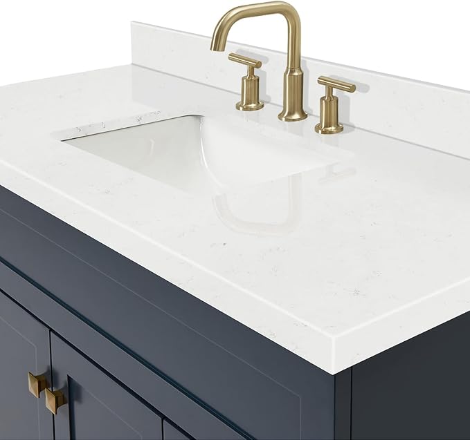 Bradford 48-Inch Bathroom Vanity with Sink — Midnight Blue Single Sink Bathroom Vanity, 1.5" Edge Carrara White Quartz Countertop, Solid Wood, 2 Soft-Close Doors, 4 Full Extension Dovetail Drawers