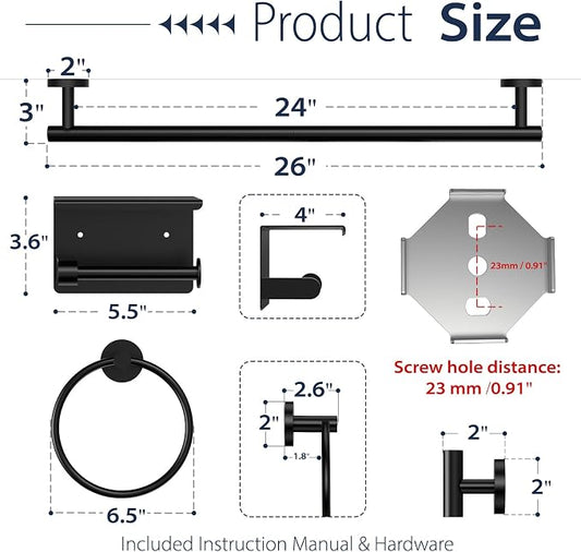 5-Piece Matte Black Bathroom Towel Bar Set,24" Bathroom Hardware Kit | Total 26 Inch Towel Racks for Bathroom Wall Mounted,SUS304 Stainless Steel Towel Bar for Bathroom, Kitchen, Laundry