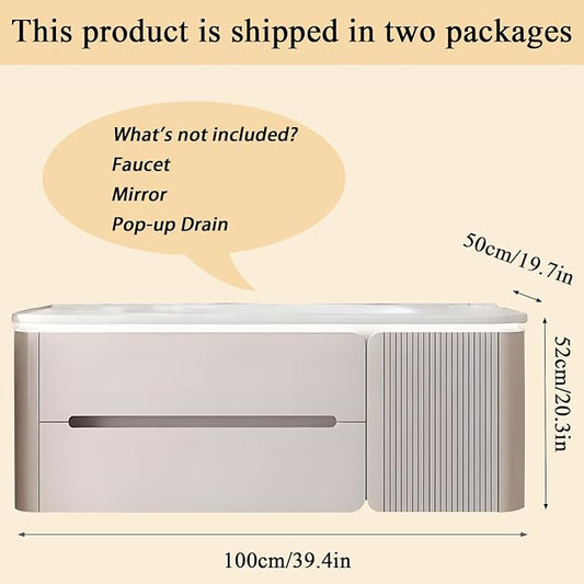 Modern wall mounted bathroom vanity, floating bathroom vanity with sink with double drawers, striped panel design, ceramic integrated basin, easy installation, suitable for small spaces (39.4in)
