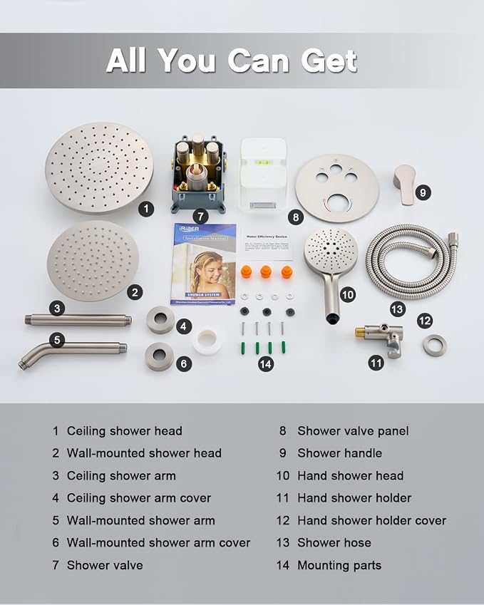 Iriber Brushed Nickel Shower head with Handheld,8"+10" Shower Faucet Set | 10 Inch Ceiling +8 Inch Wall Mount Dual Shower Heads,Push Button Diverter,3 Setting Handheld,Pressure Balance Valve Cartridge