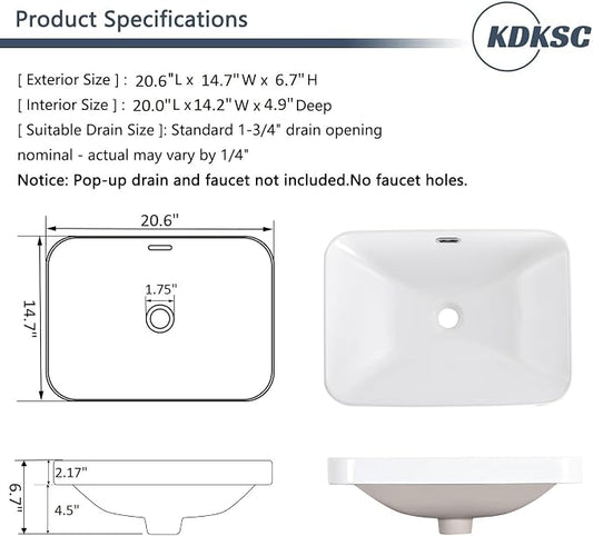 Bathroom Vessel Sink 20.6'' x 14.7'' Semi Recessed Bathroom Sink Rectangular Drop In Sink with Overflow White Ceramic Modern Vessel Sinks for Bathroom