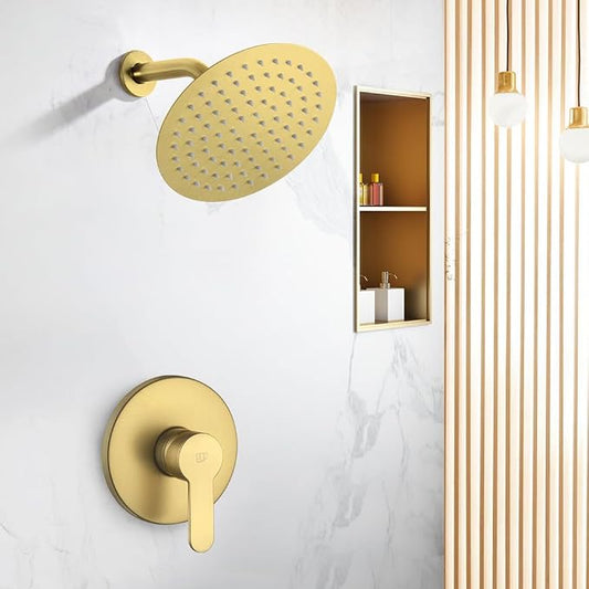 Shower Faucet Set Brushed Gold Bathroom Rainfall Shower Fixture Wall Mounted 8 Inch Shower Head system Single Handle Shower Trim Kit with Rough-in Valve
