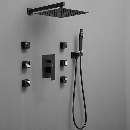 BWE 10 Inch Matte Black Wall Mounted Bathroom Shower System with Body Jets | Brass,Rainfall Shower Head,Handheld Shower Head,Pressure Balance Valve,6 Body Spray Jets,Escutcheon Plate,Easy Installation