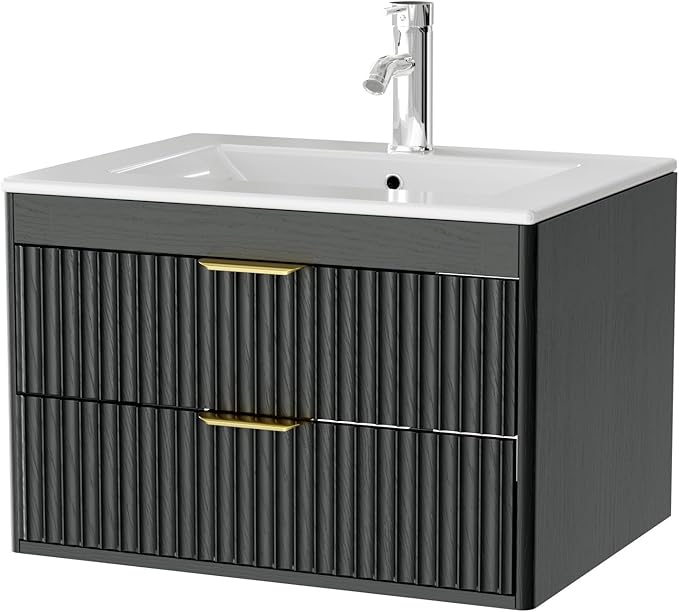 24 Inch Floating Bathroom Vanity with Sink, Bathroom Wall Cabinet with 2 Fluted Drawers & Metal Handle, Wall Mounted Cabinet for Bathrooms (Black, 24 inch, with Sink)