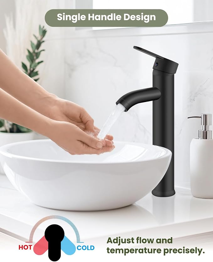 gotonovo Bathroom Vessel Sink Faucet Metal Pop Up Drain, Matte Black | Tall Bathroom Faucet 1 Hole Single Handle Modern Round Body, cUPC Water Supply Hoses, for Basin Vanity Lavatory Restroom Rv