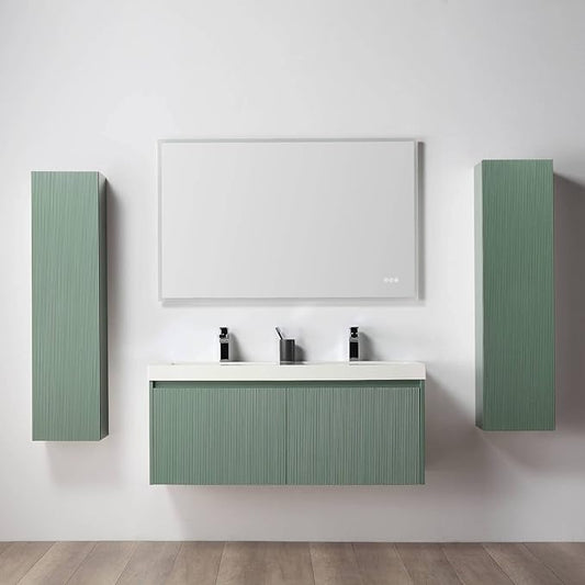 Blossom 48 Inch Double Sink Bathroom Vanity with Side Cabinets, All Wood Wall Mounted Floating Bathroom Vanity with Acrylic Sink, Soft-Close Drawers, Bathroom Vanities, Aventurine Green