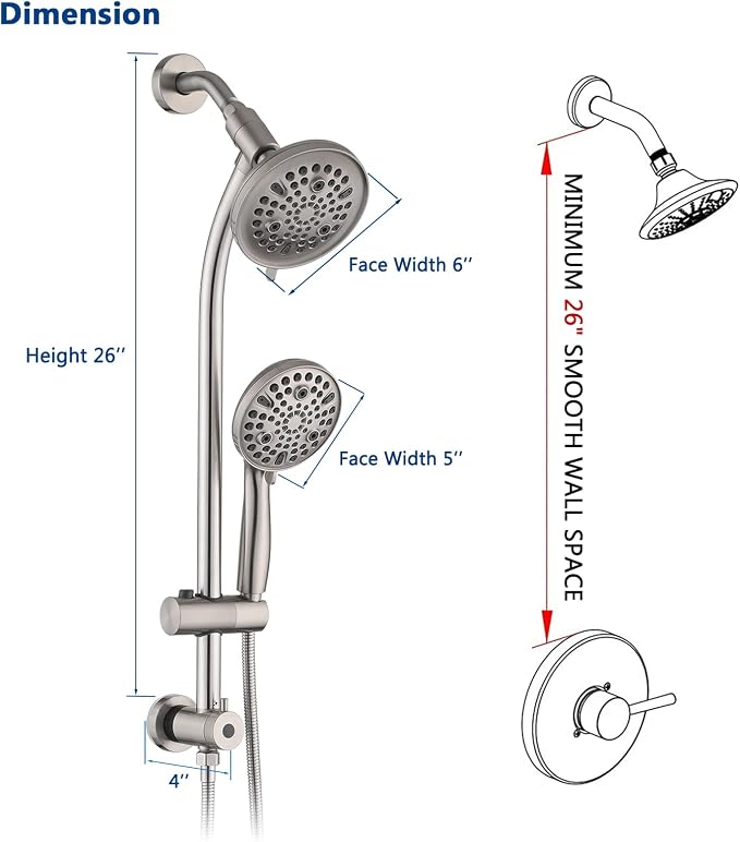 Rainfall Shower Head with Handheld Shower Spray, with 26" Drill Free Adjustable Height Slider Bar, High Pressure Dual Shower Head Combo, 3-Way Diverter for Easy Reach, 5Ft Hose-Brushed Nickel