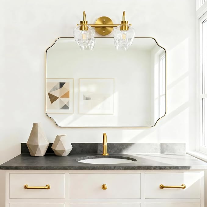 Brushed Gold Vanity Light, 2 Light Bathroom Light Fixtures with Clear Diamond-Shape Hammered Glass, Brass Vintage Ripple Wall Lights for Hallway, Bedroom, Anti-Rust, E26 Base (No Bulbs)