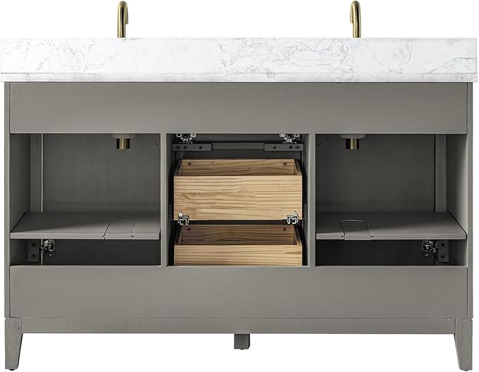 Vanity Art 54" Bathroom Vanity with Double Sink & Arabescato White Engineered Stone Top, Vanity Cabinet with Soft Closing Door, Solid Wood Frame, Golden Brushed Handles, Driftwood Gray VA8154D-DG-GB
