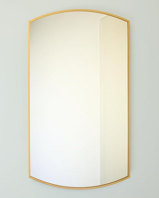 Fox Hollow Furnishings 20x30 Harper Crescent Metal Framed Rectangle Recessed Bathroom Medicine Cabinet, Arced Mirror, 14x18 in-Wall Opening, Adjustable Glass Shelves, Magnet Close, Gold