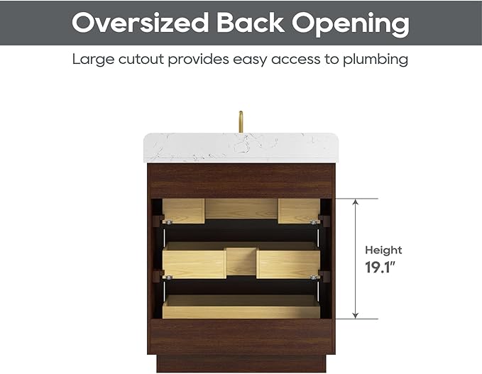 30 Inch Bathroom Vanity with Sink, Solid Wood Frame with Engineered Marble Countertop, Fully-Assembled Vanity with Soft-Close Drawers, Adjustable Feets, Warm Elm