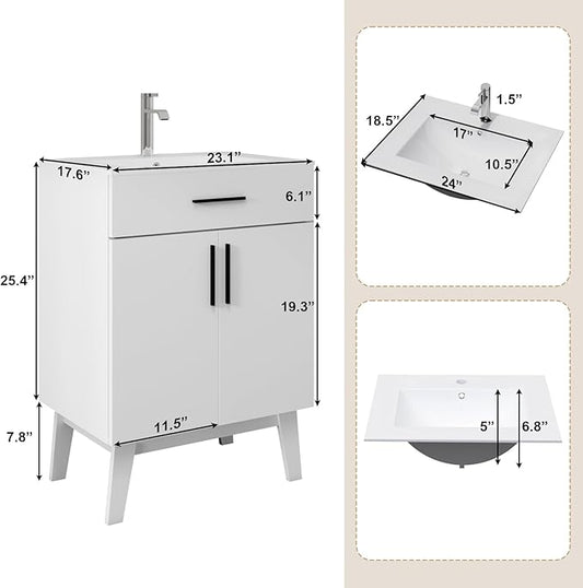 24" Bathroom Vanity with Sink, Vanity Combo with Two Soft Close Cabinet Doors, Modern Single Bathroom Cabinet Set with Metal Handles (White with Sink, 24)