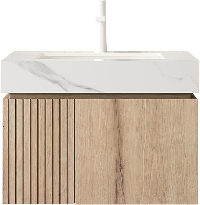 KEIKI 24 Inch Floating Bathroom Vanity with Sink, White Oak & White | Modern Wall Mounted Storage Cabinet with 2 Doors, Pre-assembled Wood Panels, Sintered Stone Top & Ceramic Basin Combo Set