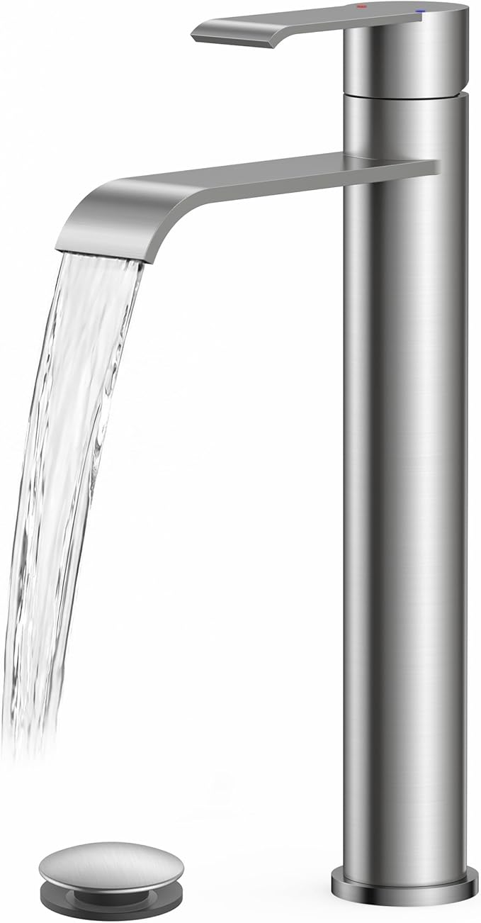 FORIOUS Waterfall Tall Bathroom Faucet for Vessel Sink, Single Handle Waterfall Brushed Nickel Bathroom Faucet 1 Hole with Lead-Free cUPC Hose and Pop-up Drain for Rv or Corner Sinks