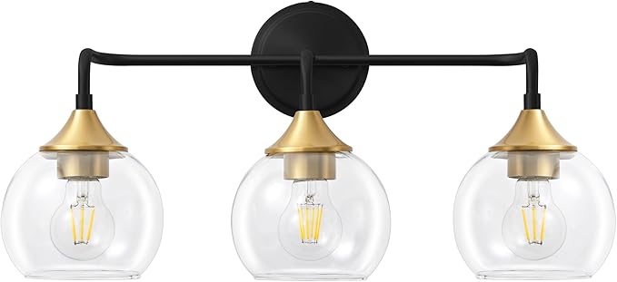 Bathroom Light Fixtures 3-Light Black and Gold Vanity Light 22" | Farmhouse Bathroom Lights, Thickened Clear Glass Shade, UL E26 Dimmable Vanity Lighting Fixtures Over Mirror