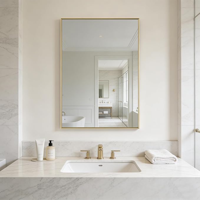 Bathroom Mirror for Wall, 40x30 Inch Framed Vanity Mirror Brushed Gold | Rectanglar Metal Beveled Framed Mirror for Over Sink, Tempered Glass, Anti-Rust, Hangs Horizontally or Vertically