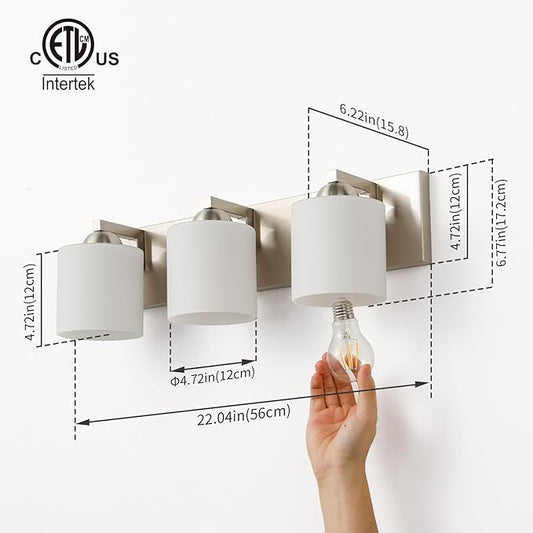 mirrea 22-inch 3-Light Brushed Nickel Vanity Light Fixture for Mirror, Bathroom Wall Sconce with Frosted White Glass Shades