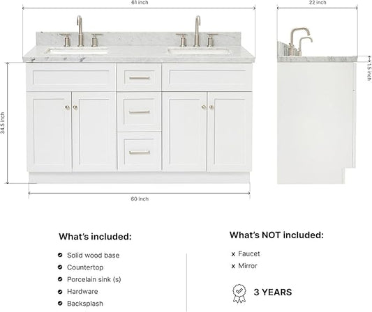 ARIEL Hamlet 60-inch Bathroom Vanity with Sink,Solid Wood, 1.5-inch Italian Carrara Marble Countertop, Double Rectangular Porcelain Sink, 4 Soft Closing Doors, 3 Dovetail Drawers, White