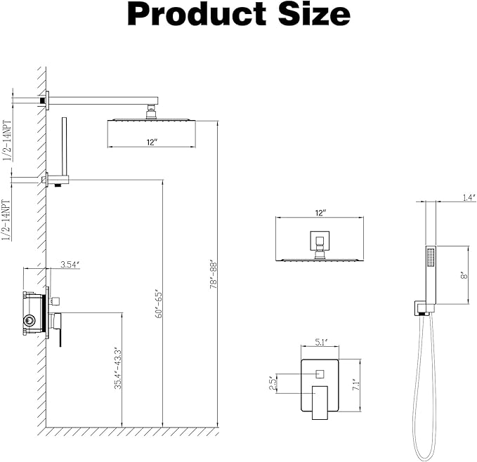 ESNBIA Black Shower Faucet Set, 12 Inches Rainfall Shower System with Rain Shower Head and Handle Set, All Metal Shower Fixtures with Pressure Balance Shower Valve, Matte Black