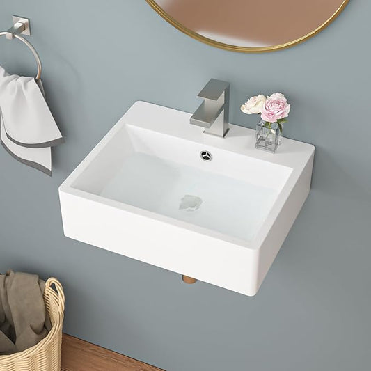 Sarlai Wall Mount Vessel Sink - 21 x 16 Inch Wall Mounted Bathroom Sink White Wall Hung Rectangle Porcelain Sink With Overflow Ceramic Basin Floating Lavatory Sinks