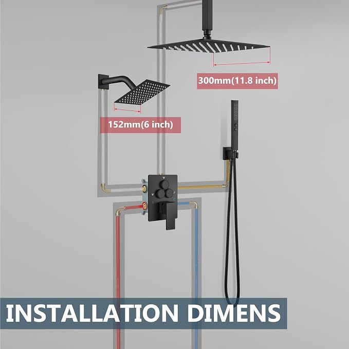 Aolemi Ceiling Shower Faucet Set System Dual Head 12&6 Inch Matte Black | 2 in 1 Handheld Spray,Shower Valve and Trim Kit,Push Button Diverter, 12"Top+6" Wall Rain Head,Bathroom Mixer for Couple