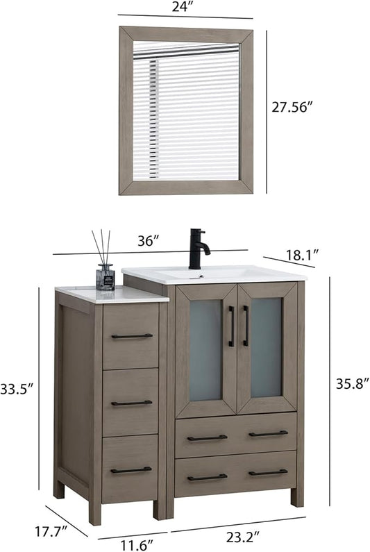 HOMEBEYOND 36 Inch Modern Bathroom Vanity with Sink & Mirror, Single Vanity Cabinet with Basin and Mirror, Dove-Tailed Drawers, Soft-Closing Doors, Wood, Driftwood Gray