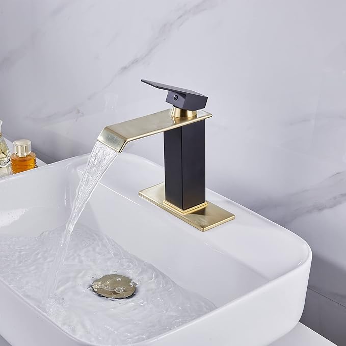 Waterfall Faucet Bathroom Brushed Golden Black Basin Vanity Sink Faucets Single Handle 1 Hole with Deck Plate Pop Up Drain Stopper Overflow Modern