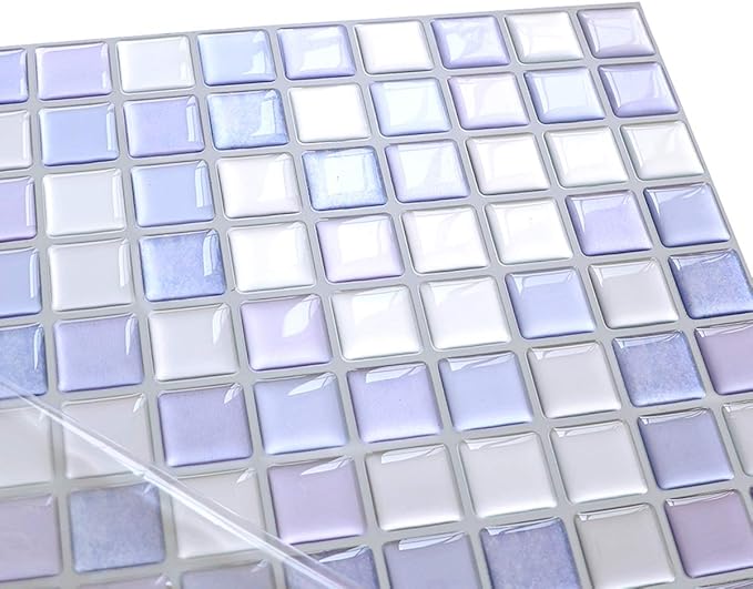 3D Mosaic Tile Sticker Removable Wallpaper Tile Purple, 3D Self Adhesive Wall Tiles Bathroom Wall Tiles for Kitchen Backsplash Purple, PVC Square Decorative Vinyl Decals, 4 Sheets