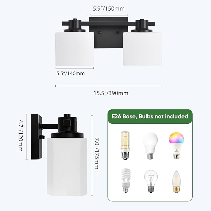 15.5 Inch Black Bathroom Light Fixtures over Mirror 2 Light Matte Black Vanity Light Milk Glass Makeup Shower Lamp Small Farmhouse Wall Sconce Modern Desk Vintage Rustic Bath above Sink Lighting