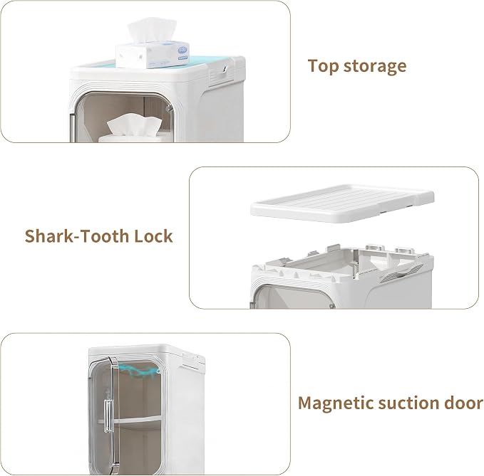 4-Tier Narrow Storage Cabinet Slim Bathroom Tall Skinny Organizer,White | Foldable Storage Cabinet with Lockable Rolling Wheels Magnetic Clear Door Adjustable Detachable Shelves For Narrow Space