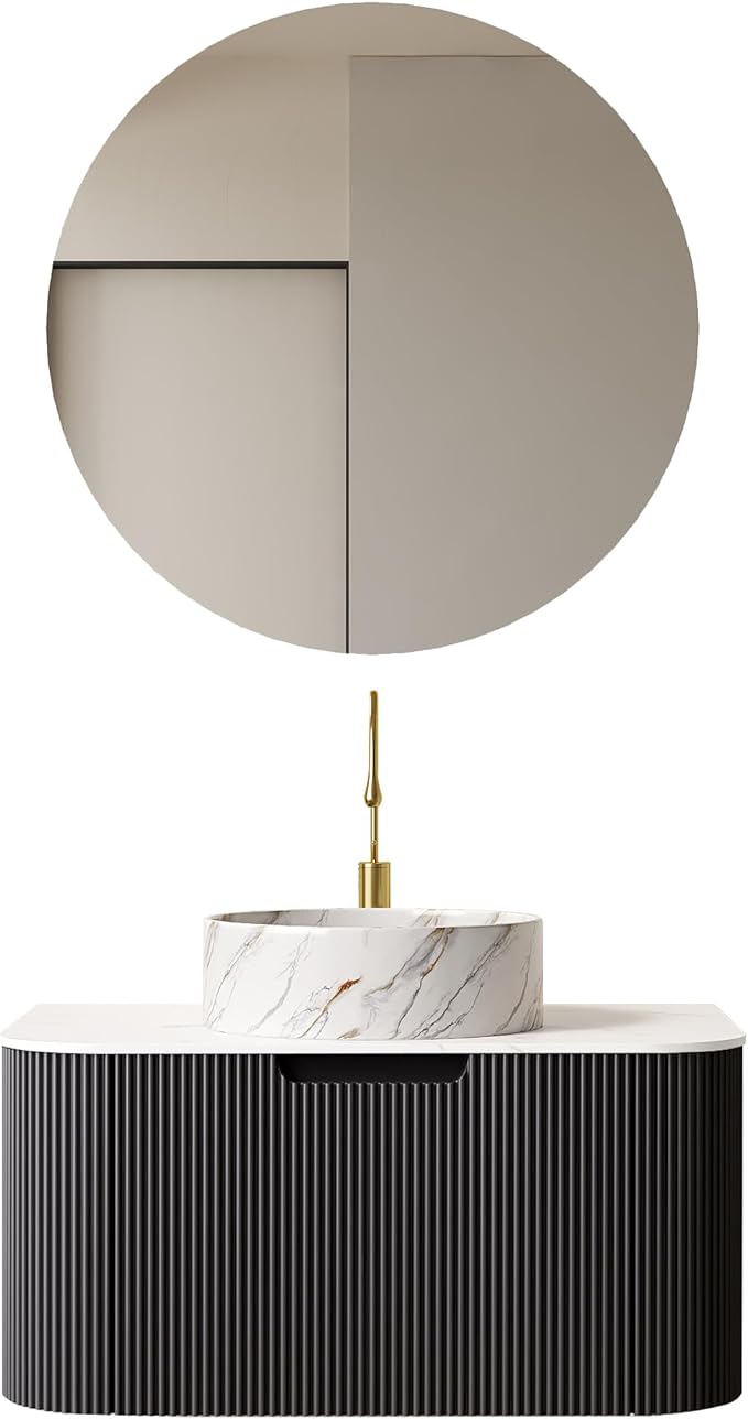 30'' Floating Vanity with Sink Combo, Modern Wall-Mounted Curved Edges Striped Bathroom Storage Cabinet with Soft-Close Drawer and White Stone Pattern Basin, Black