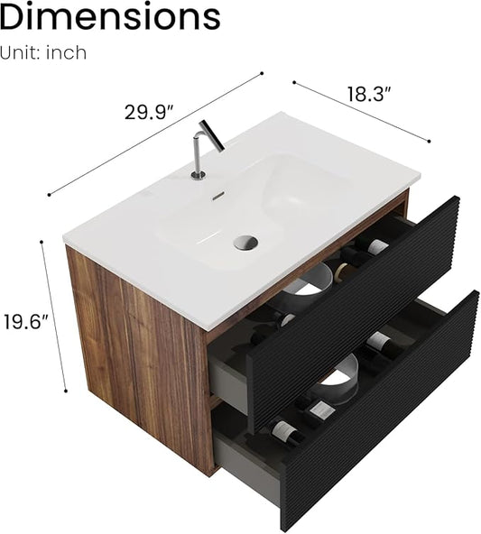 30'' Floating Bathroom Vanity with Sink Combo, Modern Bathroom Cabinet with 2-Soft Close & Large Storage Drawers, for Small Space, Apartment, Hotel, Black and Walnut