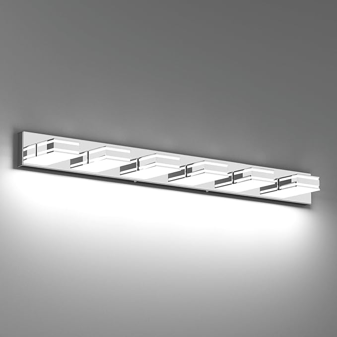 Ralbay Chrome Bathroom Vanity Light Fixtures 48inch 6-Light Acrylic Chrome Modern LED Bathroom Wall Vanity Lighting Fixtures Over Mirror