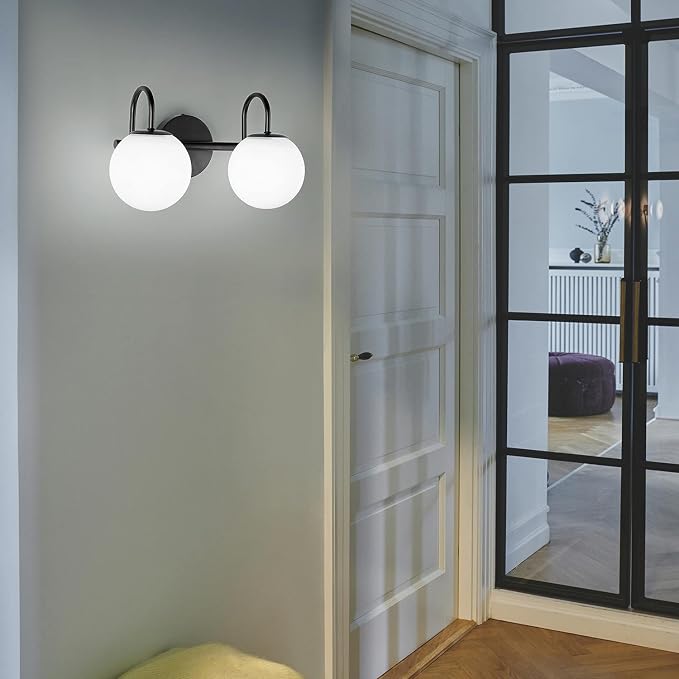Mid Century Modern Vanity Lights for Bathroom, Black Metal Frame and Milk White Frosted Glass Globe, 2 Lights, Wall Sconce, 7.09"L x 7.09"W x 14.17"H
