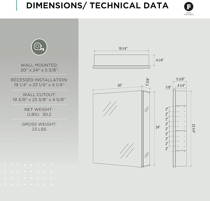 Bathroom Medicine Cabinet, Aluminum, Recessed/Surface Mount, 20" x 24", Right/Left Hinged, Mirrored Interior