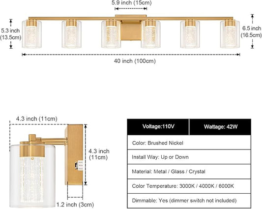 SineRise 6-Light Gold Vanity Light with 3 Color Modes (3000K/4000K/6000K), Eye Protection LED Bathroom Light Fixture, Dimmable Modern Wall Light Over Mirror with Clear Glass Shade