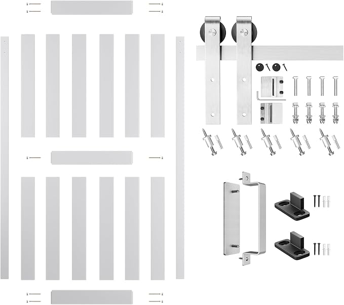 42''x84'' Sliding Barn Door with 7 Ft Brushed Nickel Hardware Kit | Pre-Drilled Holes Easy Assembly - Include Installation Manual, Water-Proof PVC Surface, H-Frame, White