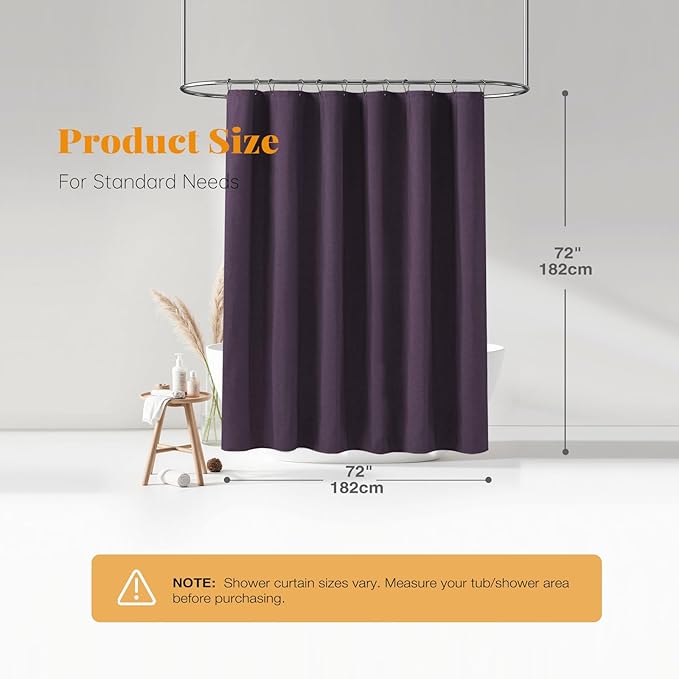 Purple Linen Textured Waterproof Fabric Shower Curtain Set, 72x72 | 230GSM Polyester, Heavy Duty Cloth, Weighted Hem, 12 Plastic Hooks, Modern Hotel Style, Machine Washable, Bathroom Decor