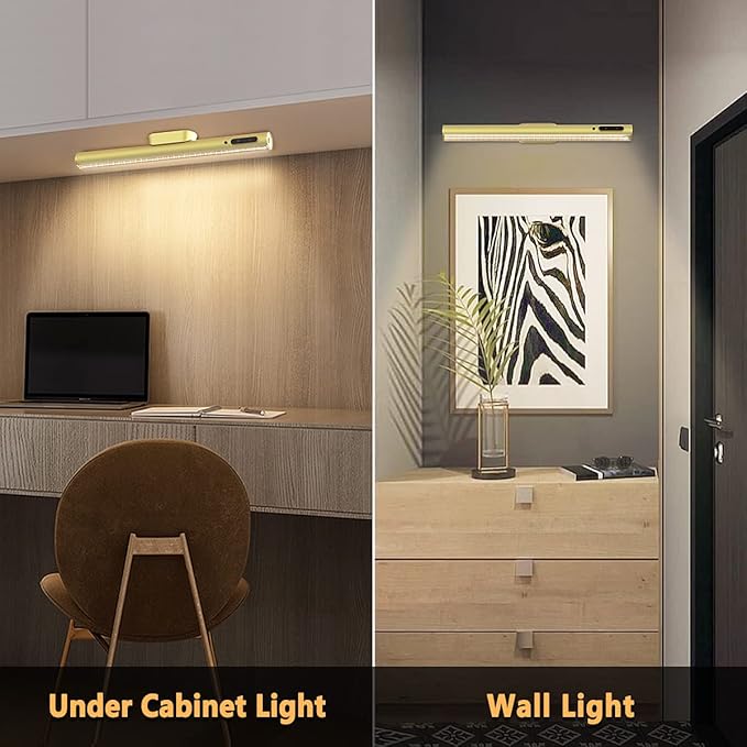 Hapfish Battery Powered Operated Wall Strip Lights, Rechargeable Magnetic LED Light Bar with Remote Control, Dimmable Desk Lamp, Under Cabinet Lighting Wireless for Picture Mirror Closet Room ā Gold
