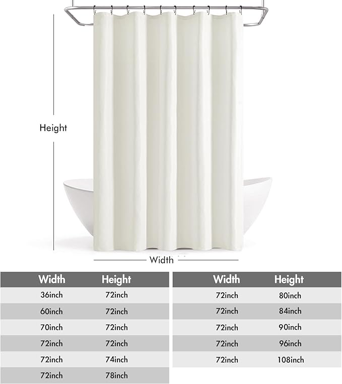 ANRODUO White Linen Textured Fabric Shower Curtain Set - W60xL72 | Farmhouse Shower Curtain with 10 Metal Hooks, Waterproof Heavy Duty, Button Hole Design, Machine Washable for Bathroom