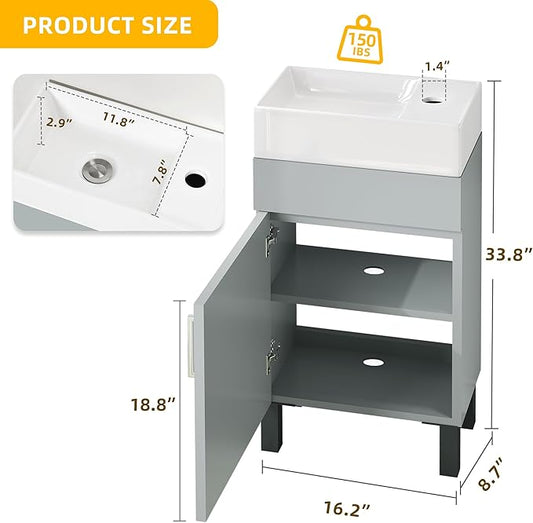 YITAHOME 16 Inch Bathroom Vanity with Sink, Bathroom Cabinet Vanity for Small Space, Freestanding Storage Bathroom Vanity with 1 Soft Closing Cabinet, Grey