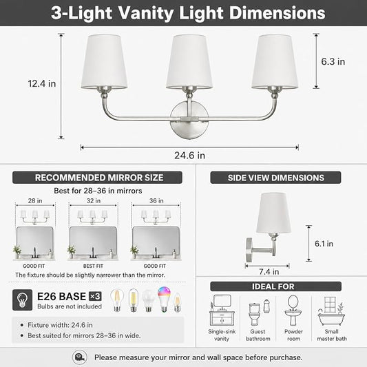 Bathroom Vanity Light Brushed Nickel Bathroom Lighting Fixtures Over Mirror | 3-Light Bathroom Light Fixtures with Flared White Fabric Shade, E26 Socket (ETL Listed)