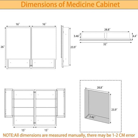 Medicine Cabinet with Mirror, 32x26 Inch Bathroom Mirrored Cabinet with Double Doors, Extra Storage Space, Bevel Mirror Wall Cabinet, Recessed or Surface Mount