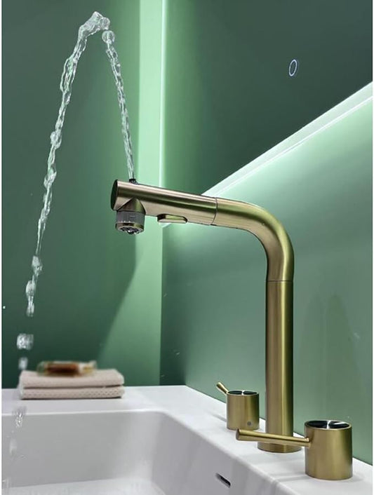 3 Hole Basin Faucets Pull Out Basin Mixer Faucet Brass-Brushed Gold