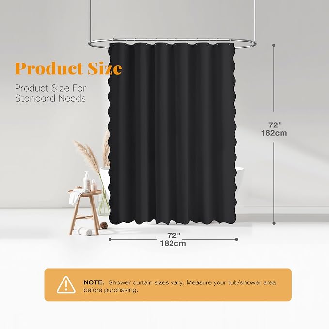 BTTN Black Scalloped Shower Curtain, Linen Textured Heavy Duty Fabric Shower Curtain Set with 12 Plastic Hooks, Modern Rustic Boho Farmhouse Waterproof Cloth Shower Curtains for Bathroom, 72x72