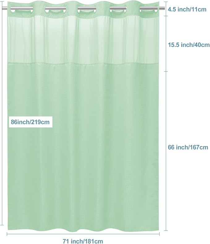 EUTXL Heavyweight No Hook Shower Curtain with Liner, Mint Green,71x86 | Snap in Liner, 256GSM Thick Waffle Fabric, Hotel Luxury Spa, Corner Magnets, Quick Dry, Waterproof & Washable, Extra Long