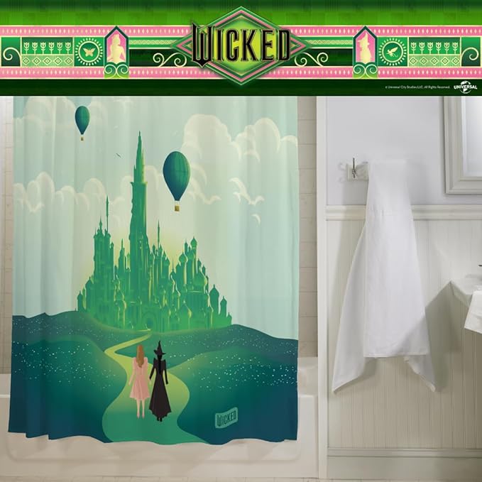 Wicked Elphaba & Glinda 13-Piece Shower Curtain Set, 72 x 72 Inch Fabric Curtain with Hooks, Bathroom Decor, Machine Washable, (100% Officially Licensed Product) by Franco Collectibles