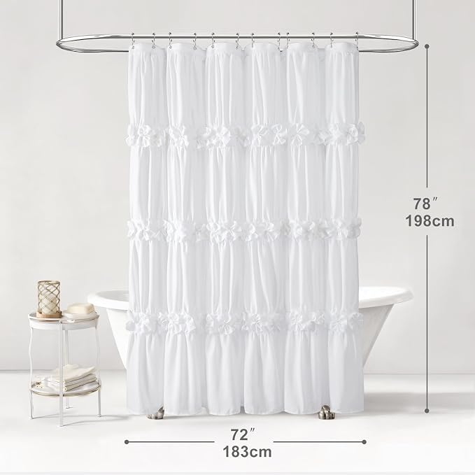 Cute White Ruffle Shower Curtain Vintage Farmhouse Linen 72" W x 78" H | Linen Blend Fabric, Ruffle Bow and Ruffled Hem,Linen Texture,Machine Washable,12 Metal Holes and Plastic Hooks