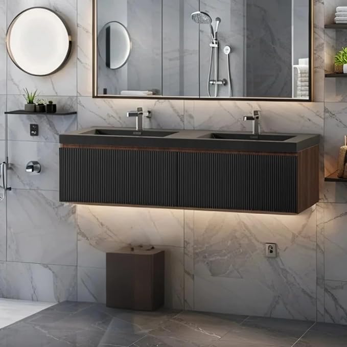 60'' Modern Floating Bathroom Vanity Sink Combo, Wall-Mounted Striped Cabinet, Soft-Close Drawers, Double Quartz Sand Basins, Smoked Walnut - Spacious & Stylish